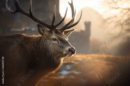 Portrait of a Stag Deer with an old castle ruins in the background.