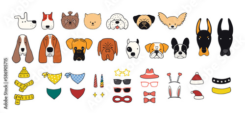 Cute funny dog faces, accessories clipart collection, isolated. Hand drawn vector illustrations set. Line art. Portrait creator, DIY. Design concept pet food, branding, business, vet, print, poster