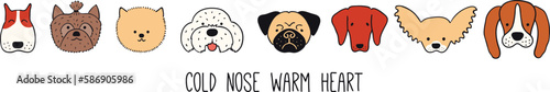 Cute funny dog, puppy faces border. Hand drawn color vector illustration. Line drawing. Domestic animals collection, isolated. Design concept for pet food, branding, business, vet, print, banner