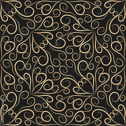 Seamless pattern, golden linear pattern, monogram on a dark background. Design for banner, leaflet, print, poster, wallpaper, fabric. Abstract geometry.
