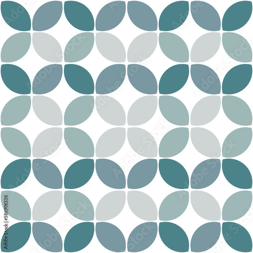 Modern minimalistic geometric seamless pattern, rounded shapes, leaves in a blue color scheme on a white background