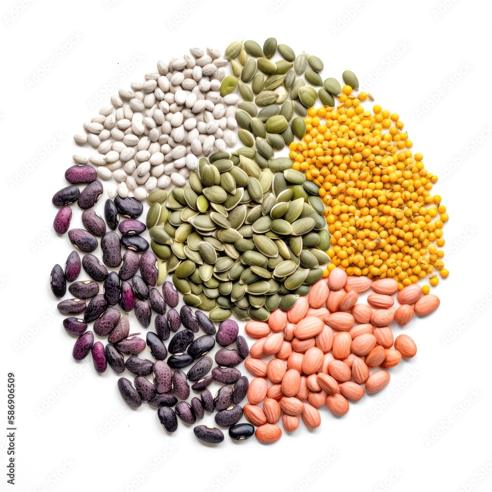 Graphic wheel with several different raw seeds and beans with a white background Generative AI Illustration Graphic wheel with several different raw seeds and beans with a white background Generative AI Illustration