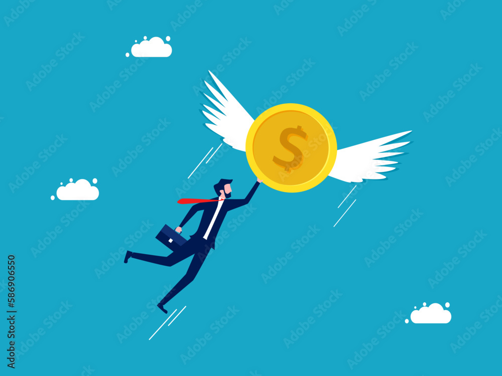 Financial independence. Inflation. Businessman flying with flying coins. Business and investment concept vector