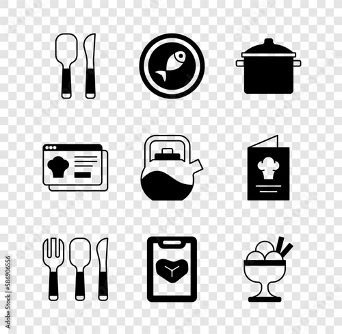 Set Knife and spoon, Served fish plate, Cooking pot, Fork, knife, Restaurant cafe menu, Ice cream bowl, Online ordering delivery and Kettle with handle icon. Vector