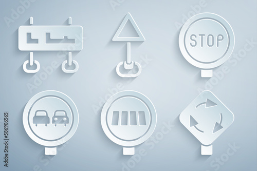Set Pedestrian crosswalk, Stop sign, No overtaking road traffic, Roundabout, Triangle warning blank and Road icon. Vector