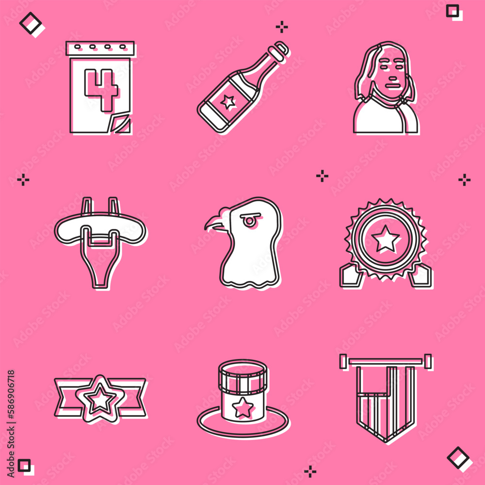 Set Calendar with date July 4, Champagne bottle, Benjamin Franklin, Sausage on the fork, Eagle head, Medal star, Star American military and Patriotic top hat icon. Vector Set Calendar with date July 4, Champagne bottle, Benjamin Franklin, Sausage on the fork, Eagle head, Medal star, Star American military and Patriotic top hat icon. Vector