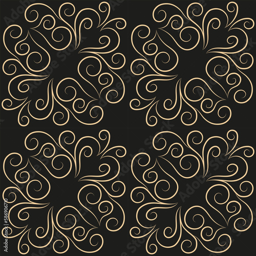 Seamless pattern, golden linear pattern, monogram on a dark background. Design for banner, leaflet, print, poster, wallpaper, fabric. Abstract geometry. 