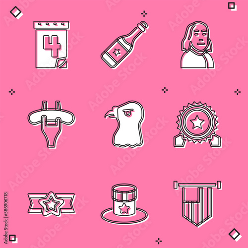 Set Calendar with date July 4, Champagne bottle, Benjamin Franklin, Sausage on the fork, Eagle head, Medal star, Star American military and Patriotic top hat icon. Vector