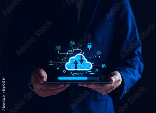 Cloud computing diagram show on virtual screen. Cloud syncing technology. Data storage. Network internet service concept, Big Data, upload, download, database, Information system management technology