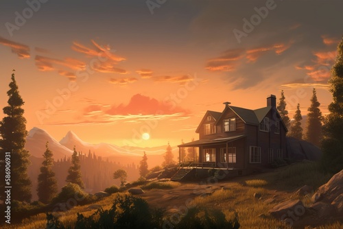 Mountain Lodge sitting alone in a mountain setting. With a golden sunset