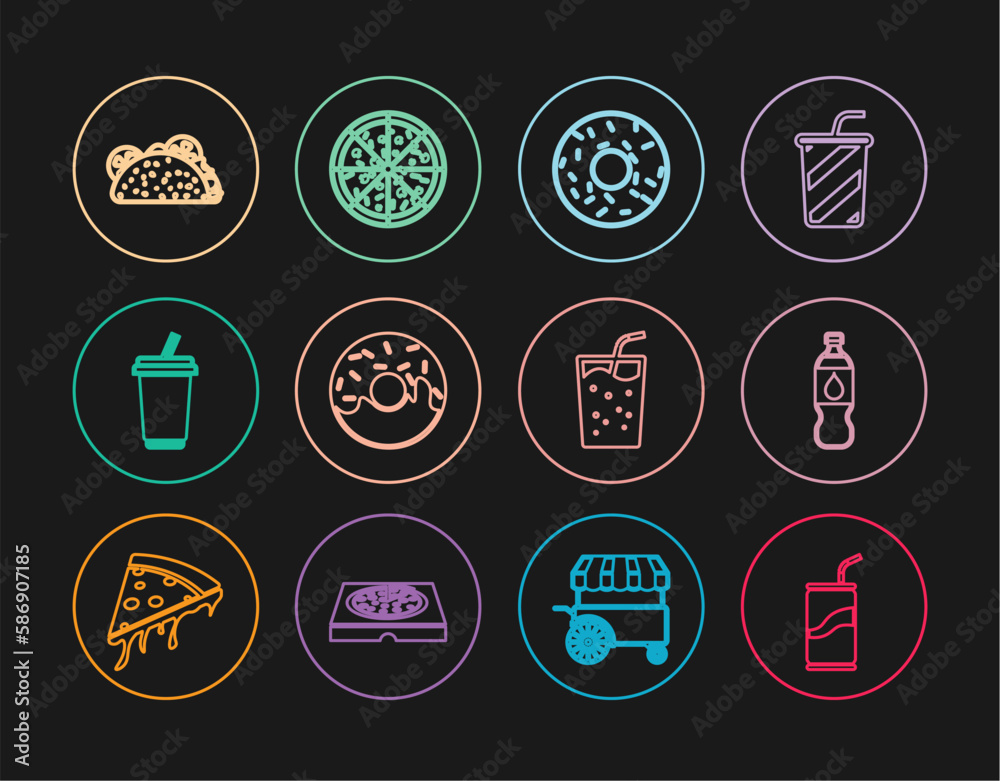 Set line Soda can with drinking straw, Bottle of water, Donut, Glass, Taco tortilla, and Pizza icon. Vector Set line Soda can with drinking straw, Bottle of water, Donut, Glass, Taco tortilla, and Pizza icon. Vector