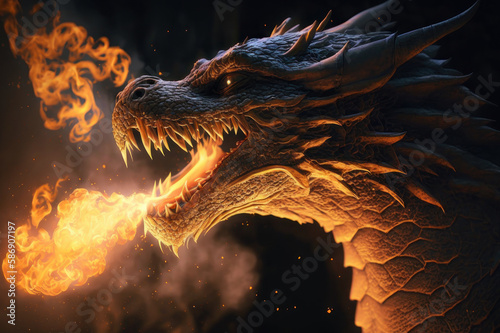 The dragon breathes fire. AI generative.