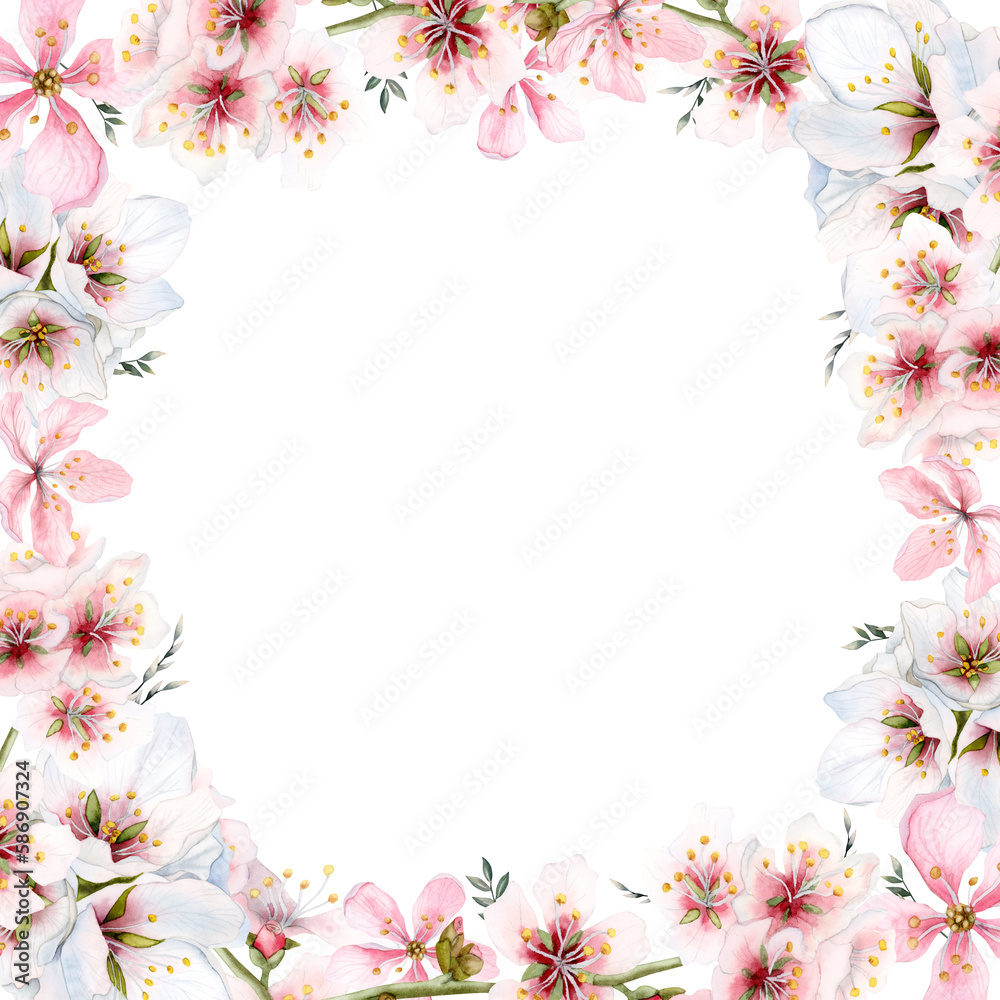 Mother's day greeting frame with pink white almond blooming flowers isolated on white background. Watercolor illustration template with square floral border