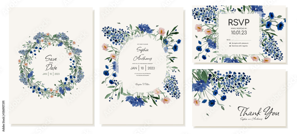 Set of rustic wedding invitations, rsvp and thank you cards with watercolor simple wildflowers in a wreath. Vector