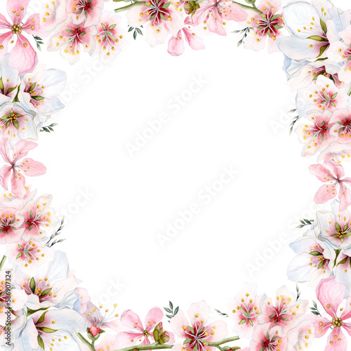 Mother's day greeting frame with pink white almond blooming flowers isolated on white background. Watercolor illustration template with square floral border