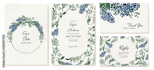 Set of rustic wedding invitations  thank you and rsvp cards with field blue flowers and leaves. Vector template.