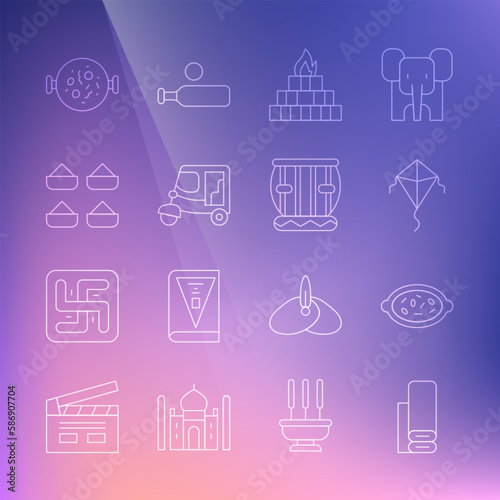 Set line Indian textile fabric, Kheer in bowl, Kite, Yagna, Taxi tuk tuk, spice, Chicken tikka masala and Instrument tabla icon. Vector