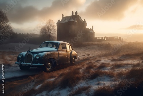 Vintage car in a winters countryside setting with snow and old castle ruins. © MD Media