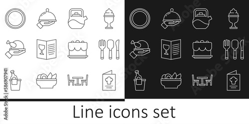 Set line Cookbook, Fork, spoon and knife, Kettle with handle, Restaurant cafe menu, Roasted turkey chicken, Plate, Cake and Covered tray of food icon. Vector