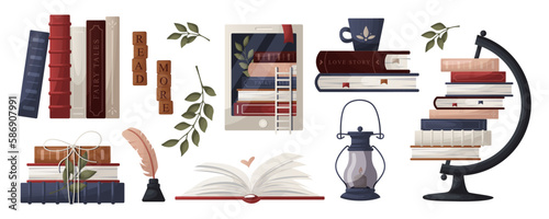 Set of stack of books, globe, inkwell quill, plant, lantern, ebook, cup tea. World book day. Bookstore, bookshop, library, book lover, bibliophile, education. Vector for poster, cover, advertising