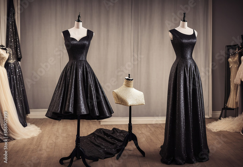 Black dress with a train and a full skirt on a sewing mannequin in the sewing studio. Generative AI