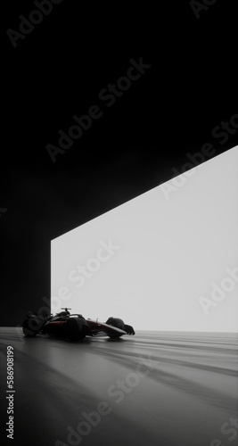 Silhouette of a modern generic sports racing car standing in a dark garage against huge LED screen. Copy space. 3d rendering, vertical orientation