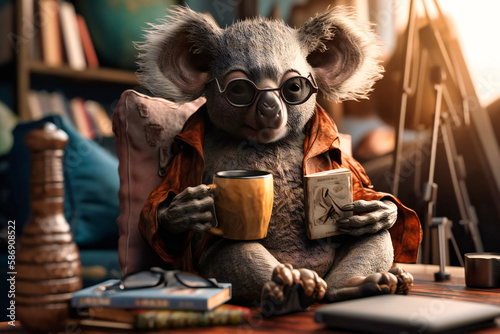 A sleepy-looking koala wearing a nightcap and sunglasses, holding a cup of hot cocoa and a book while dozing off on a cozy armchair