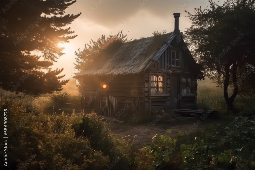 Old wooden shack, hut, shed, house sitting alone in a dreamy woodland setting.