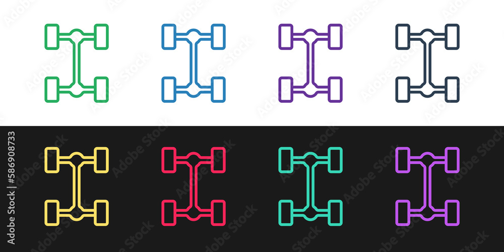 Set line Chassis car icon isolated on black and white background. Vector