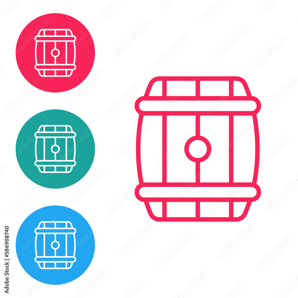 Red line Wooden barrel icon isolated on white background. Alcohol barrel, drink container, wooden keg for beer, whiskey, wine. Set icons in circle buttons. Vector Red line Wooden barrel icon isolated on white background. Alcohol barrel, drink container, wooden keg for beer, whiskey, wine. Set icons in circle buttons. Vector