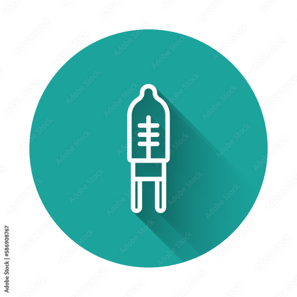 White line Light emitting diode icon isolated with long shadow background. Semiconductor diode electrical component. Green circle button. Vector White line Light emitting diode icon isolated with long shadow background. Semiconductor diode electrical component. Green circle button. Vector
