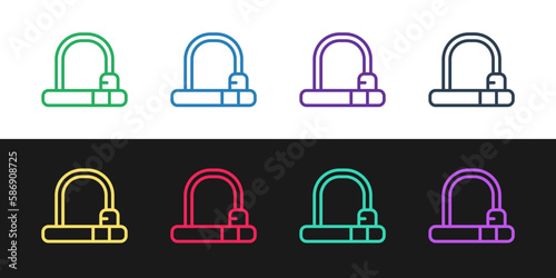 Set line Bicycle lock U shaped industrial icon isolated on black and white background. Vector
