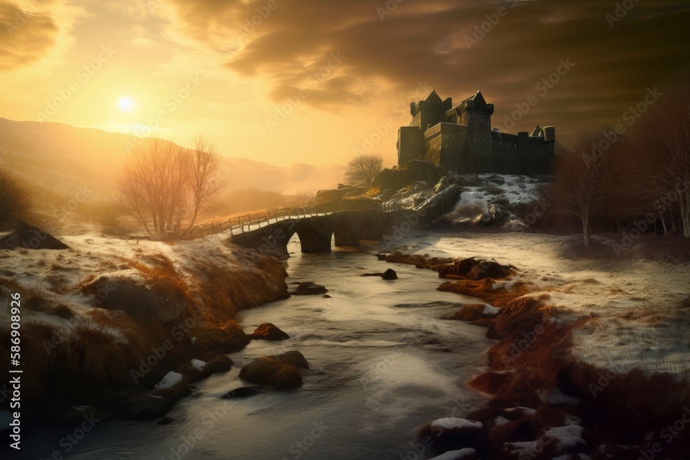 Strange Castle, sitting alone in a dreamy landscape setting. With warm sun rays breaking through the mist.