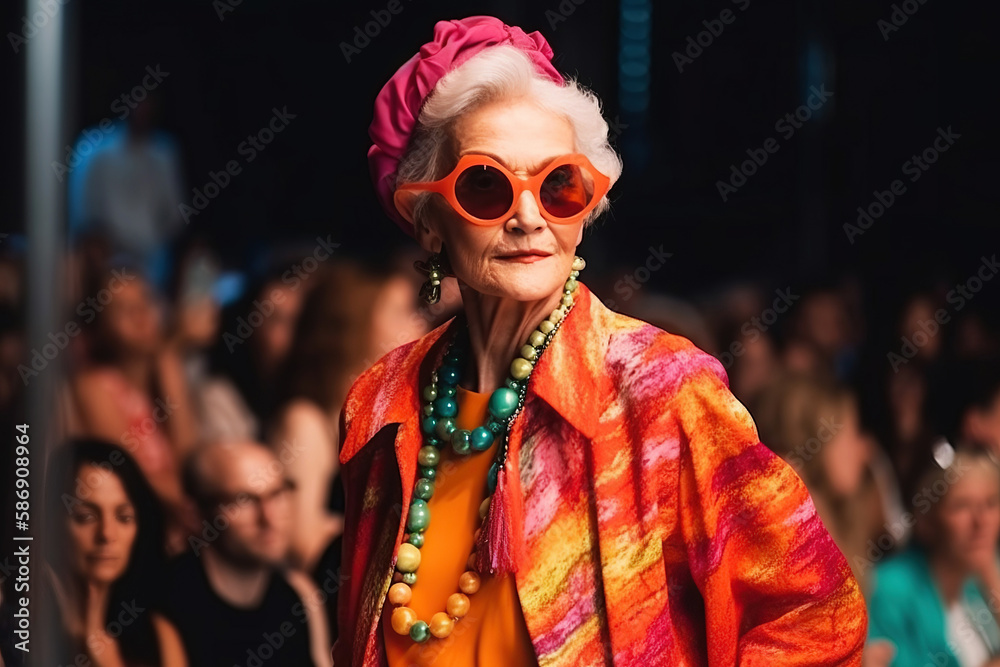 An old lady walks in clothes on the catwalk at a fashion show. Generative AI illustration.
