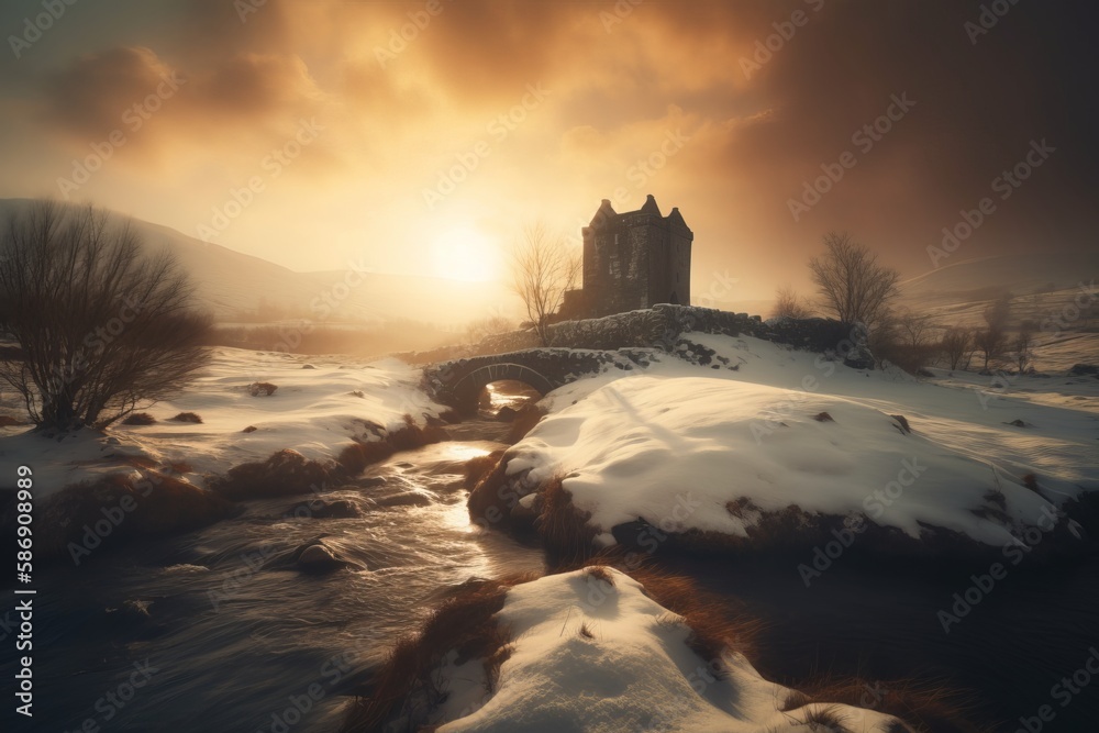 Strange Castle, sitting alone in a dreamy landscape setting. With warm sun rays breaking through the mist.