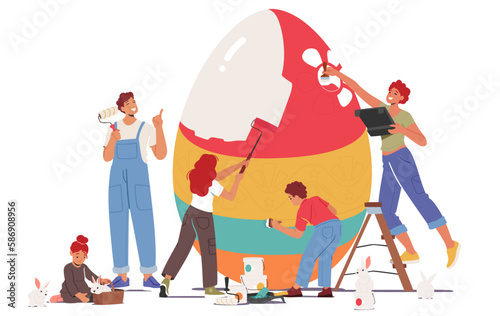 Happy Family Prepare For Easter Celebration. Tiny Parents And Children Girls And Boy Painting Huge Egg