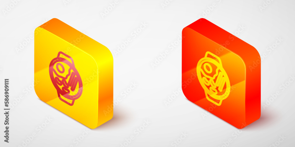 Isometric line Ramen soup bowl with noodles icon isolated on grey background. Bowl of traditional asian noodle soup. Yellow and orange square button. Vector Isometric line Ramen soup bowl with noodles icon isolated on grey background. Bowl of traditional asian noodle soup. Yellow and orange square button. Vector