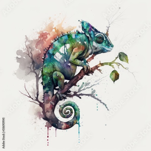 A watercolor chameleon clings to a branch Generative Ai