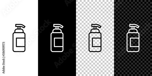 Set line Bottle of liquid antibacterial soap with dispenser icon isolated on black and white, transparent background. Antiseptic. Disinfection, hygiene, skin care. Vector