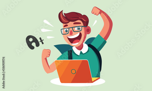 Happy Boy Pass in Online Exam on Laptop got A Plus wearing Glass