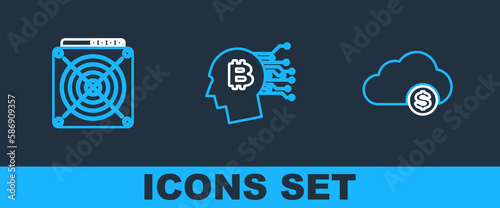 Set line Cryptocurrency cloud mining, ASIC Miner and Bitcoin plant the pot icon. Vector