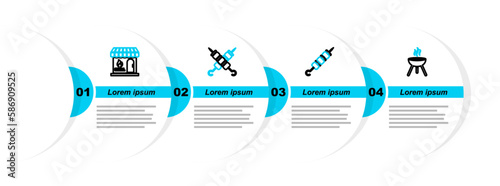 Set line Barbecue grill, Grilled shish kebab, and shopping building icon. Vector
