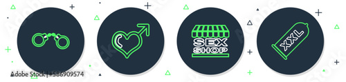 Set line Male gender and heart, Sex shop building, Handcuffs and Condom safe sex icon. Vector