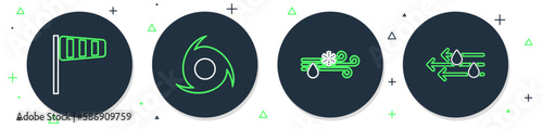 Set line Tornado, Wind and rain with snow, Cone windsock wind vane and icon. Vector