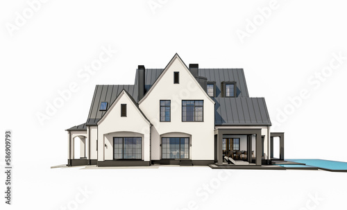 3d rendering of cute cozy white and black modern Tudor style house with parking and pool for sale or rent with beautiful landscaping. Fairy roofs. Isolated on white