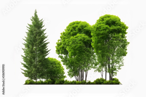 Row of trees and shrubs on white background