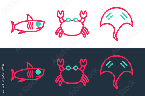 Set line Stingray  Shark and Crab icon. Vector