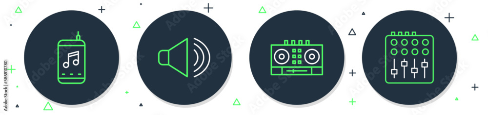 Set line Speaker volume, DJ remote and mixing music, Music player and Sound mixer controller icon. Vector Set line Speaker volume, DJ remote and mixing music, Music player and Sound mixer controller icon. Vector