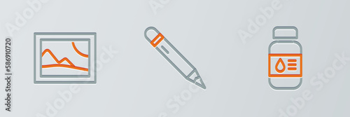 Set line Printer ink bottle, Picture landscape and Pencil with eraser icon. Vector