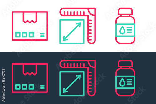 Set line Printer ink bottle, Carton cardboard box and Paper size icon. Vector
